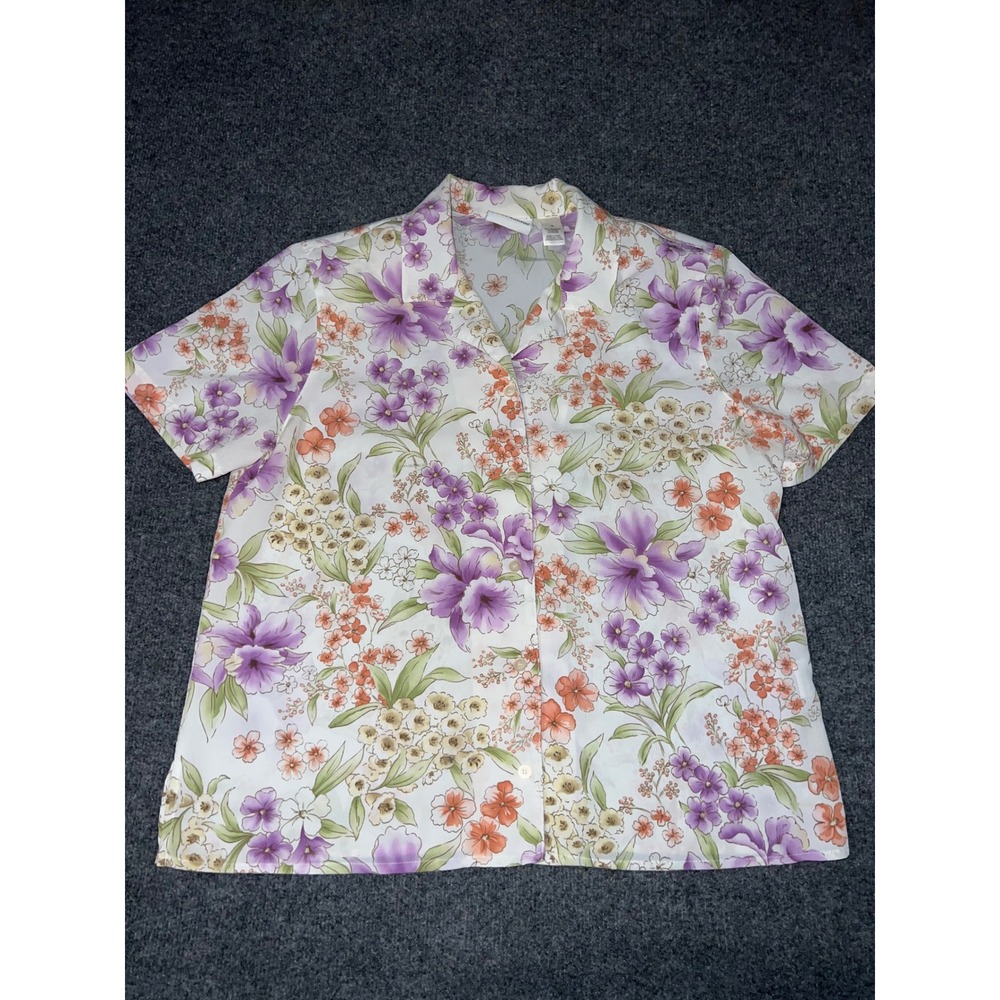 Alfred Dunner Womens Size 16 Floral Short Sleeve Button Down Shirt Purple Orange